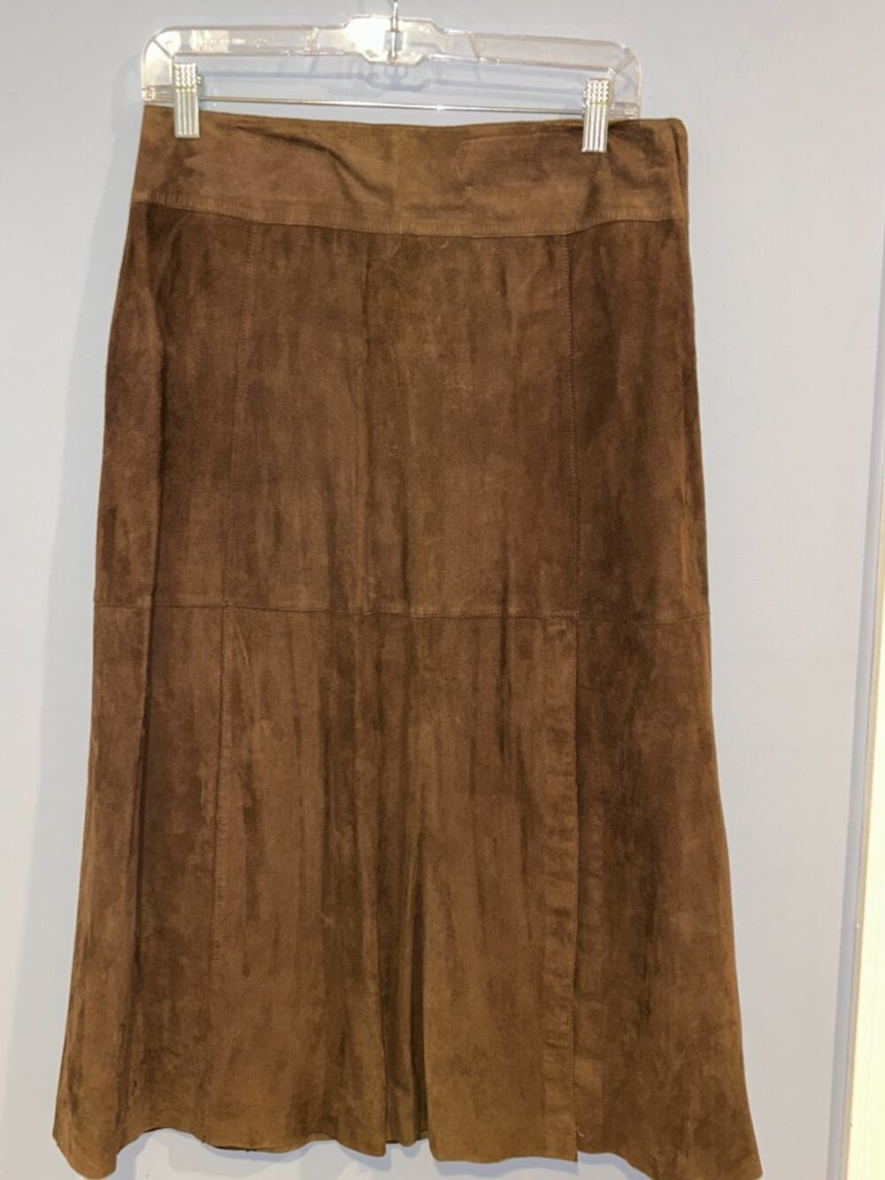 I.N.C. International Concepts Suede Leather Midi Skirt, Brown, Sz 8, front slit